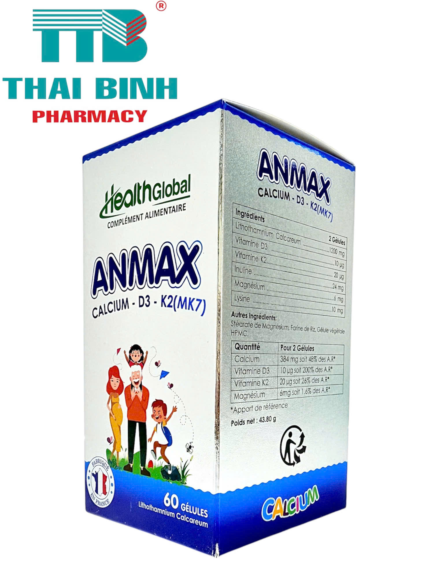 Anmax Calcium D3K2 Hộp 60 viên - Viên uống bổ sung canxi hữu cơ