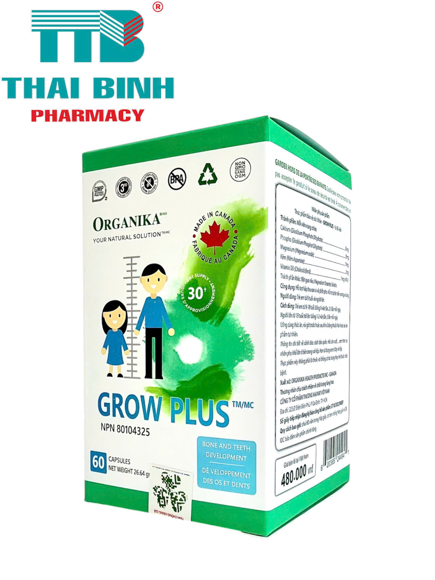 Grow Plus Organika hộp 60 viên - Viên uống bổ sung canxi cho trẻ